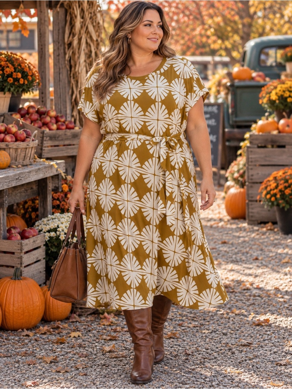 Lane Bryant 2X Mustard Cream Geometric Print Midi Dress Belted